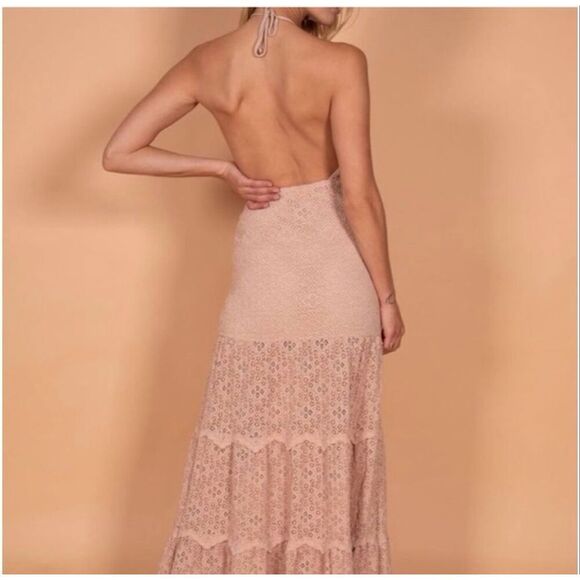 Nightcap Clothing Diamond Lace Halter Blush Gown - Picture 3 of 9